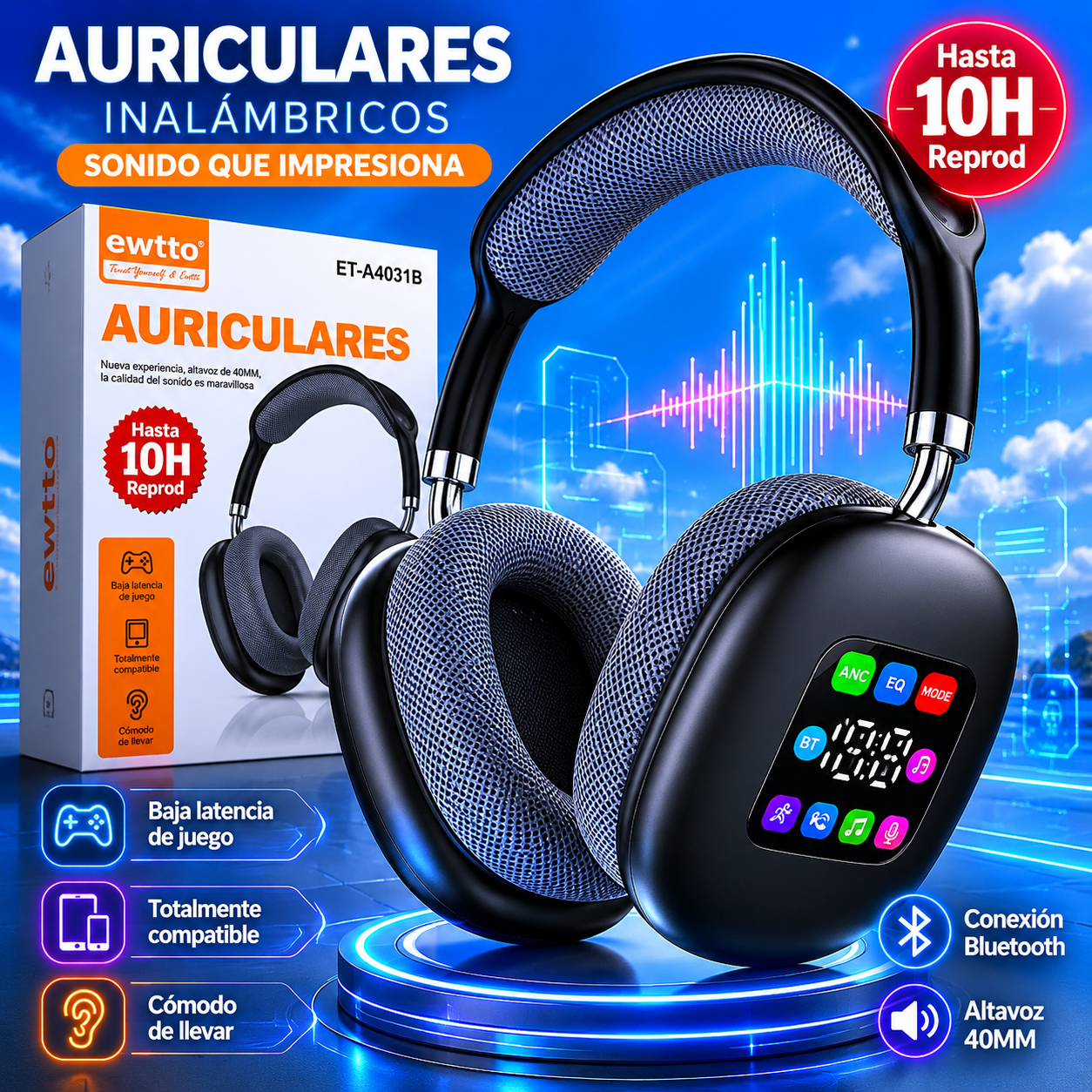 🎧 Auriculares Bluetooth EWTTO  Pantalla LED | Bluetooth 5.4 | Baja Latencia Gamer | 10H Batería