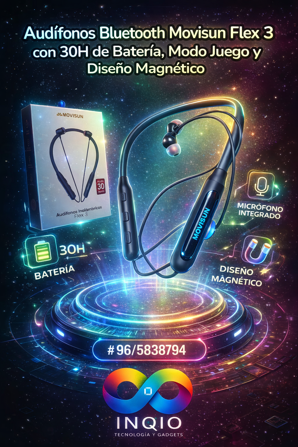 Audífonos Bluetooth Movisun Flex 3 con 30H de Batería, Modo Juego y Diseño Magnético 🎧