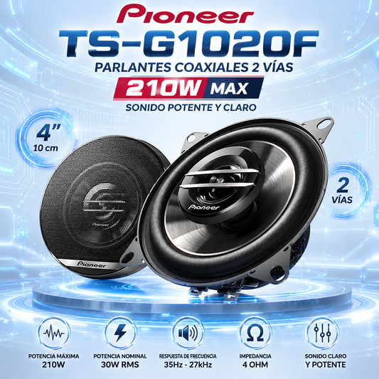 Parlantes Pioneer TS-G1020F 4" 210W Max Coaxiales 2 Vías para Auto | Sonido Potente y Claro