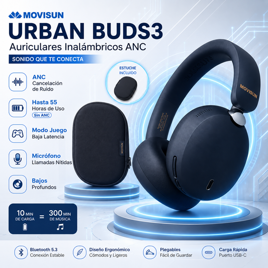 🎧 Audífonos Bluetooth MOVISUN Urban Buds 3 ANC Cancelación de Ruido 55H Batería Gamer