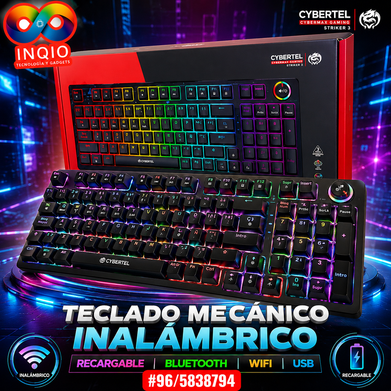 Teclado Mecánico Gamer Inalámbrico Cybertel Striker 3 RGB 96 Teclas | Bluetooth 2.4G WiFi y Cable USB-C