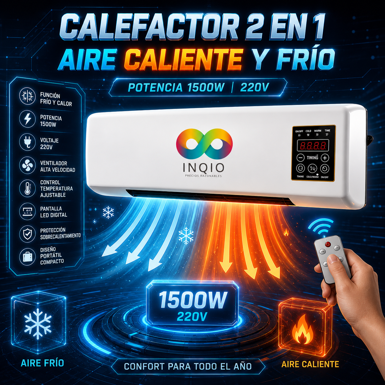 Calefactor Eléctrico 2 en 1 Aire Frío y Caliente 1500W con Control Remoto y Pantalla LED