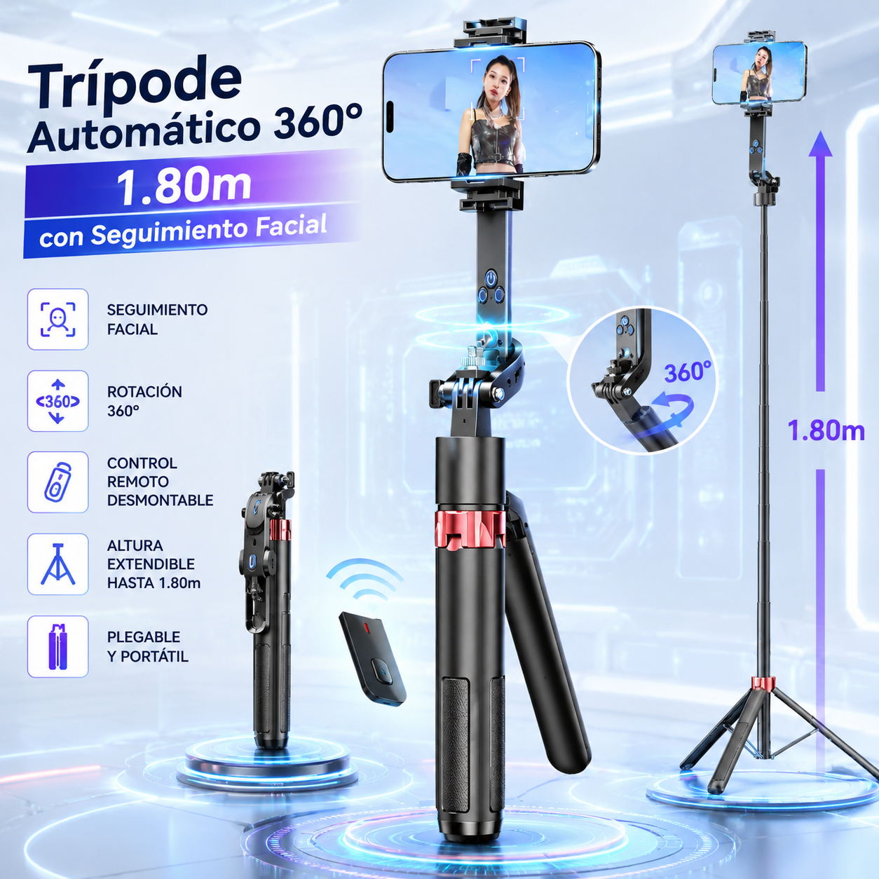 📸 Trípode Automático 360° 1.80m con Seguimiento Facial IA | Selfie Stick Bluetooth + Control Remoto