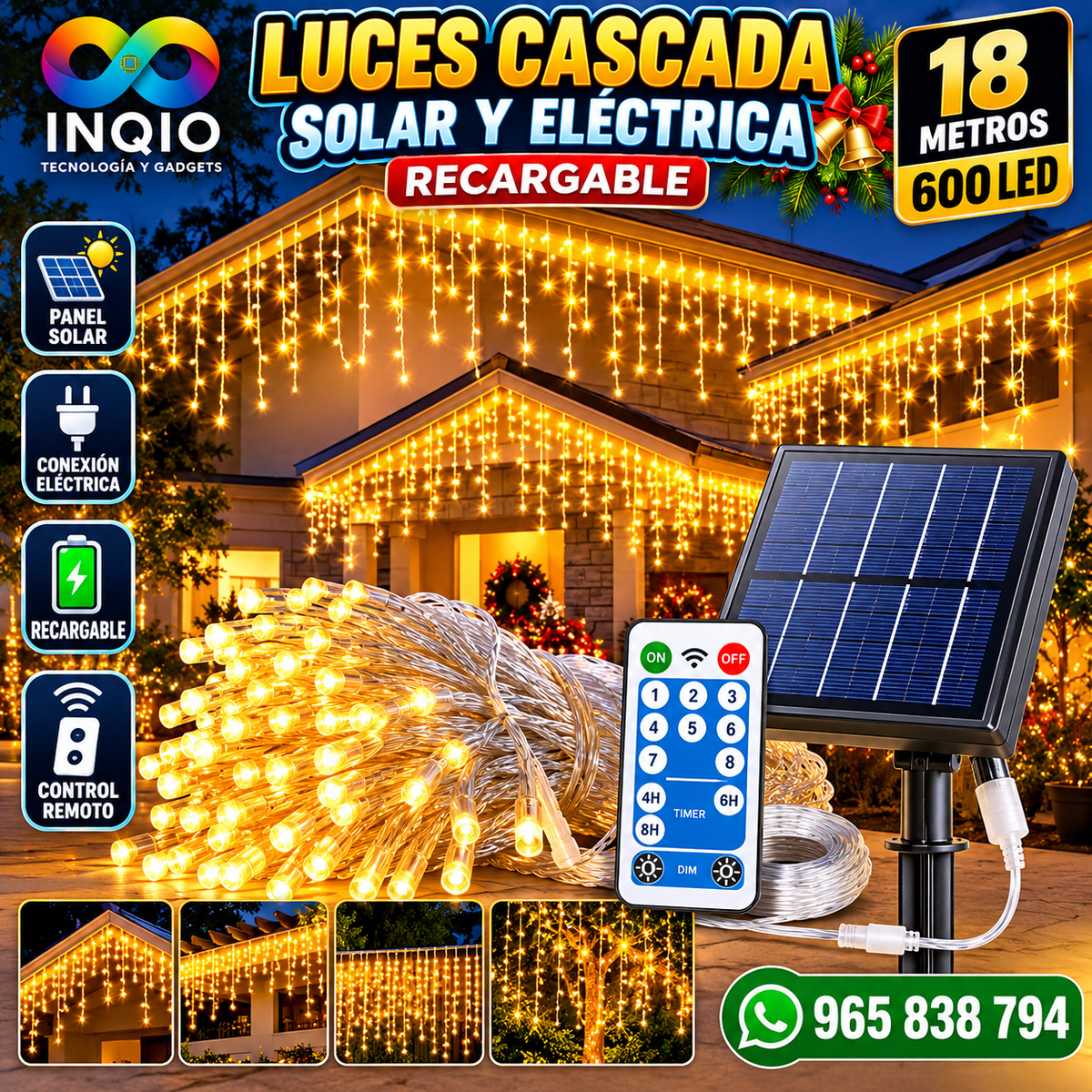 Luces Cascada Navideña LED 18 Metros 600 LED Solar y Eléctrica Recargable con Control Remoto