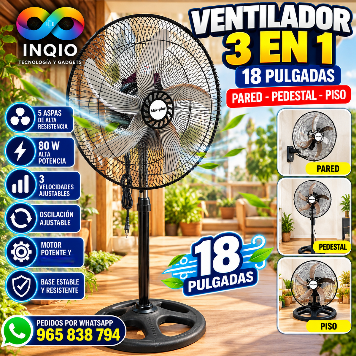 Ventilador Eléctrico 18 Pulgadas 3 en 1 | Potente 80W de Pared, Pedestal y Piso