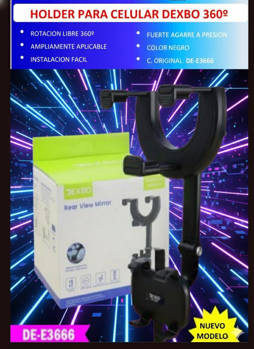 Holder Espejo Retrovisor 360° para Celular | Soporte Universal DEXBO Ajustable