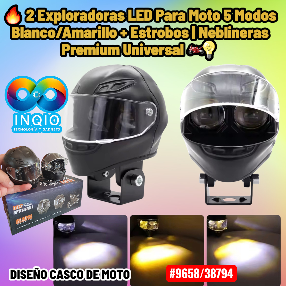 Exploradoras LED Moto 4 Modos Blanco/Amarillo + Estrobos | Neblineras Premium Universal