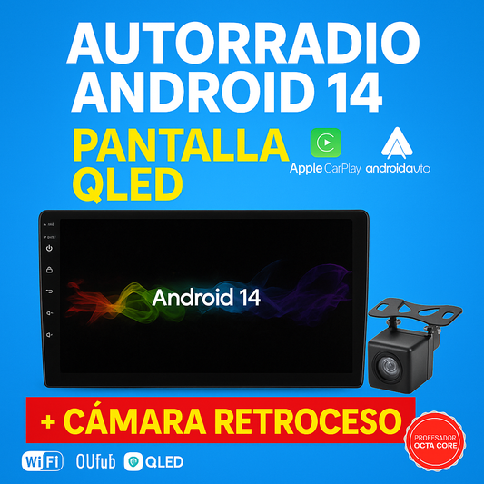 Autorradio Android 14 QLED 10" CarPlay Auto + Cámara Retroceso