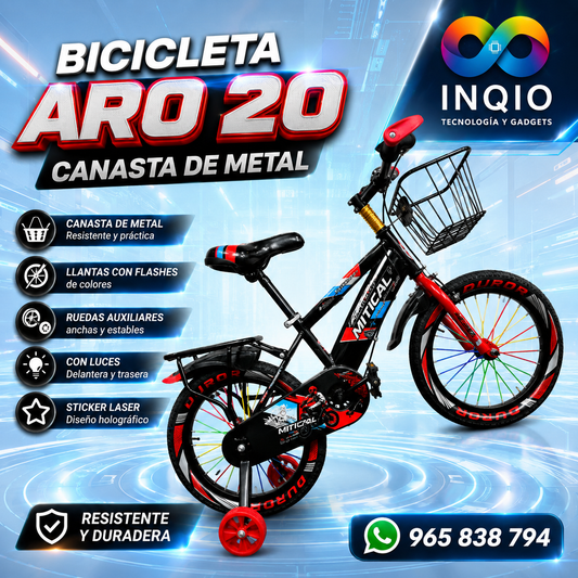 Bicicleta Aro 20 con Canasta Metálica, Luces y Ruedas Auxiliares