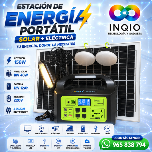 Estación de Energía Portátil 150W Solar + Eléctrica con Inversor 220V y Panel Solar 40W