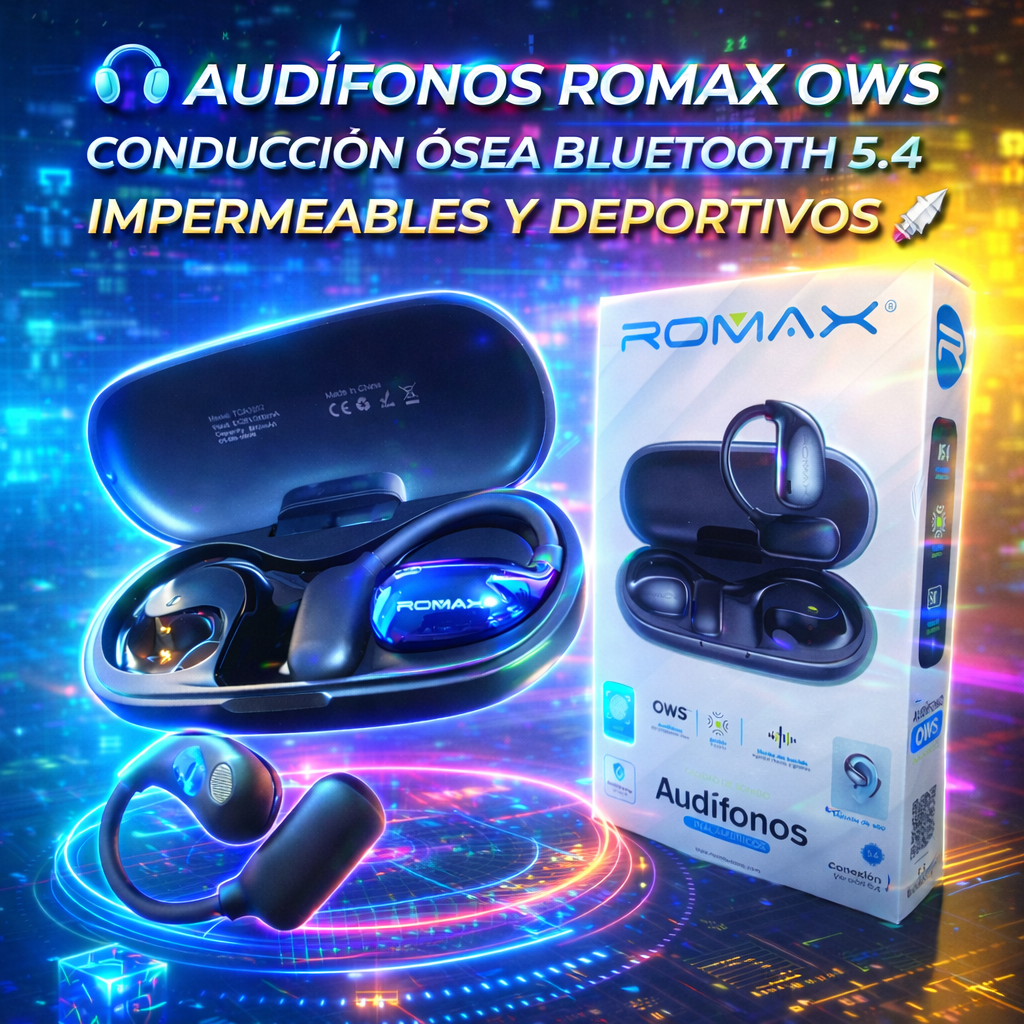 Audífonos Bluetooth Conducción Ósea Romax OWS Impermeables Deportivos con Micrófono y Estuche de Carga