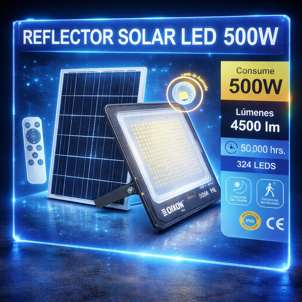 Reflector Solar LED 500W Dixon con Control Remoto | Luz Exterior IP65 4500 Lúmenes Sensor Movimiento