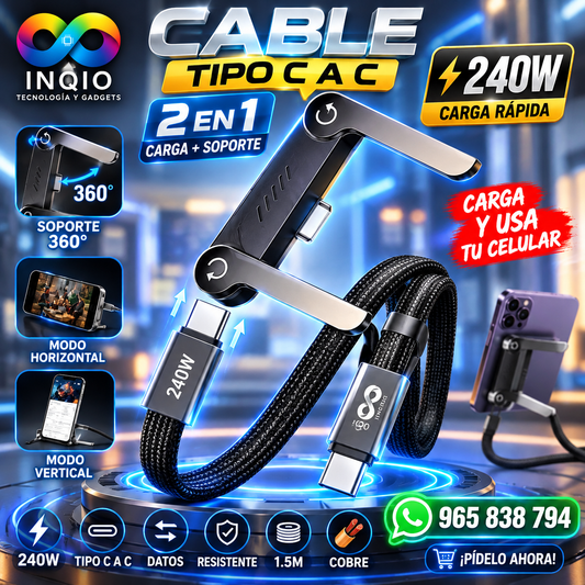 Cable USB Tipo C a C 240W con Soporte para Celular 360° | Carga Rápida