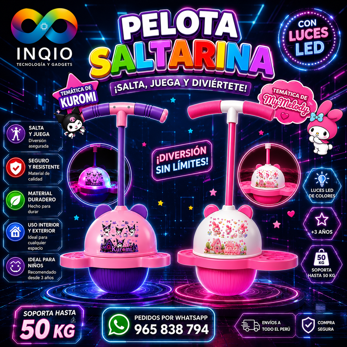 Pelota Saltarina LED con Manillar para Niñ@s | Juguete de Equilibrio Resistente 50 kg