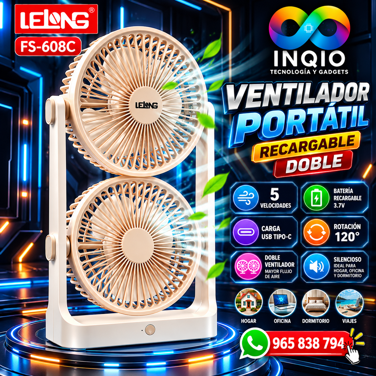 Ventilador Portátil Recargable LELONG FS-608C Doble Mini Ventilador USB