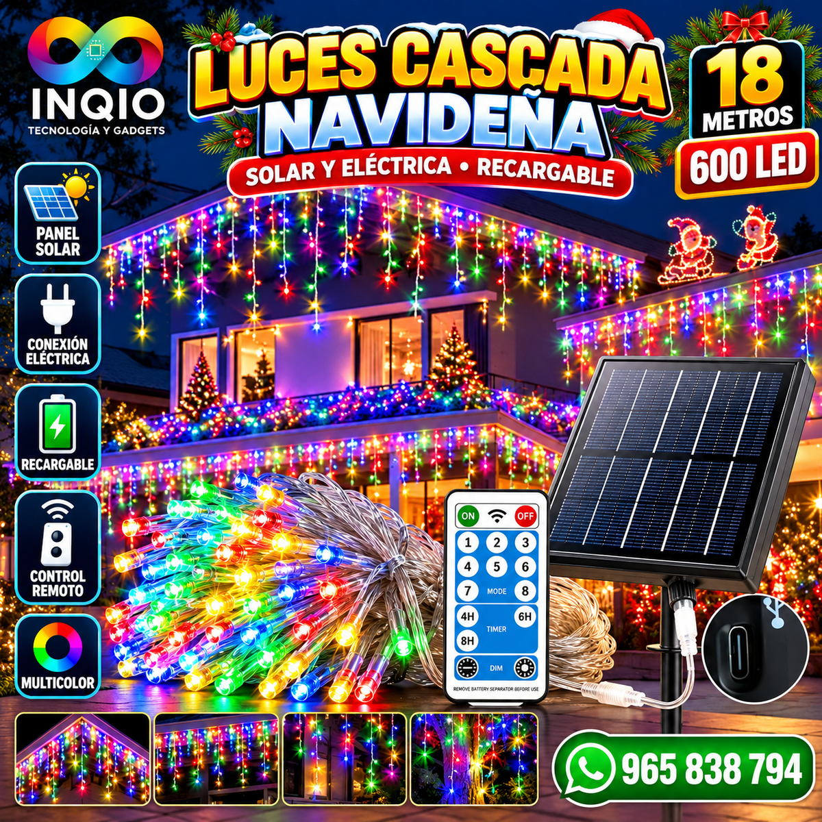 Luces Cascada Navideñas 18 Metros 600 LED Solar y Eléctrica Recargable Tipo C