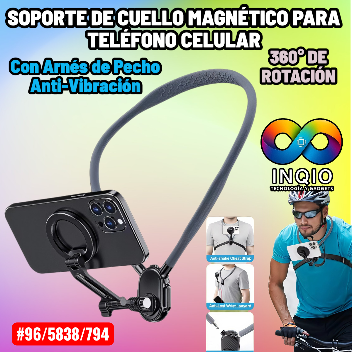 Soporte De Cuello Magnético Para Teléfono Celular + Arnés De Pecho Anti-Vibración | Soporte Celular