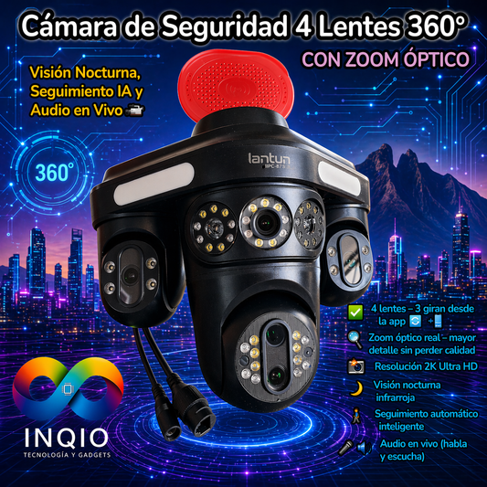 Cámara de Seguridad 4 Lentes Giratoria FHD con Zoom, Visión Nocturna y Seguimiento – WiFi IP66
