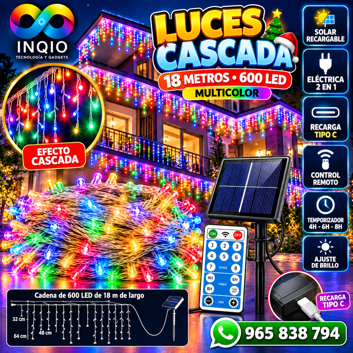 Luces Cascada Navideñas 18 Metros 600 LED Solar y Eléctrica Recargable Tipo C