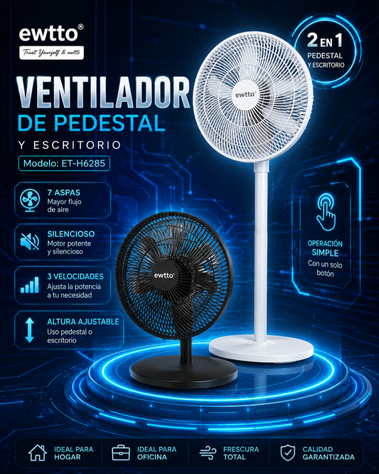 🔥 Ventilador Pedestal y Escritorio Ewtto 16” 7 Aspas Silencioso 🌬️