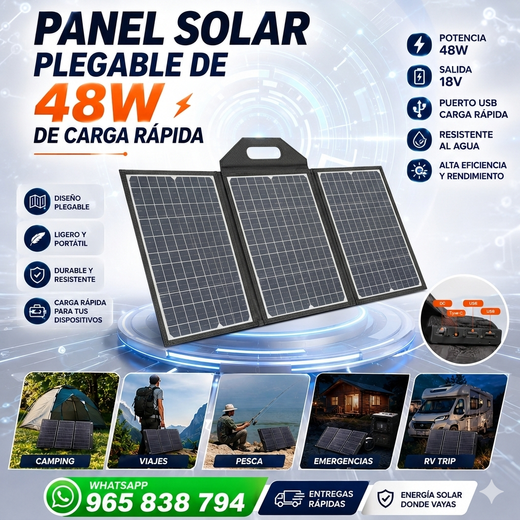 🔋 Panel Solar Plegable 48W de Carga Rápida USB | Portátil y Resistente al Agua ☀️