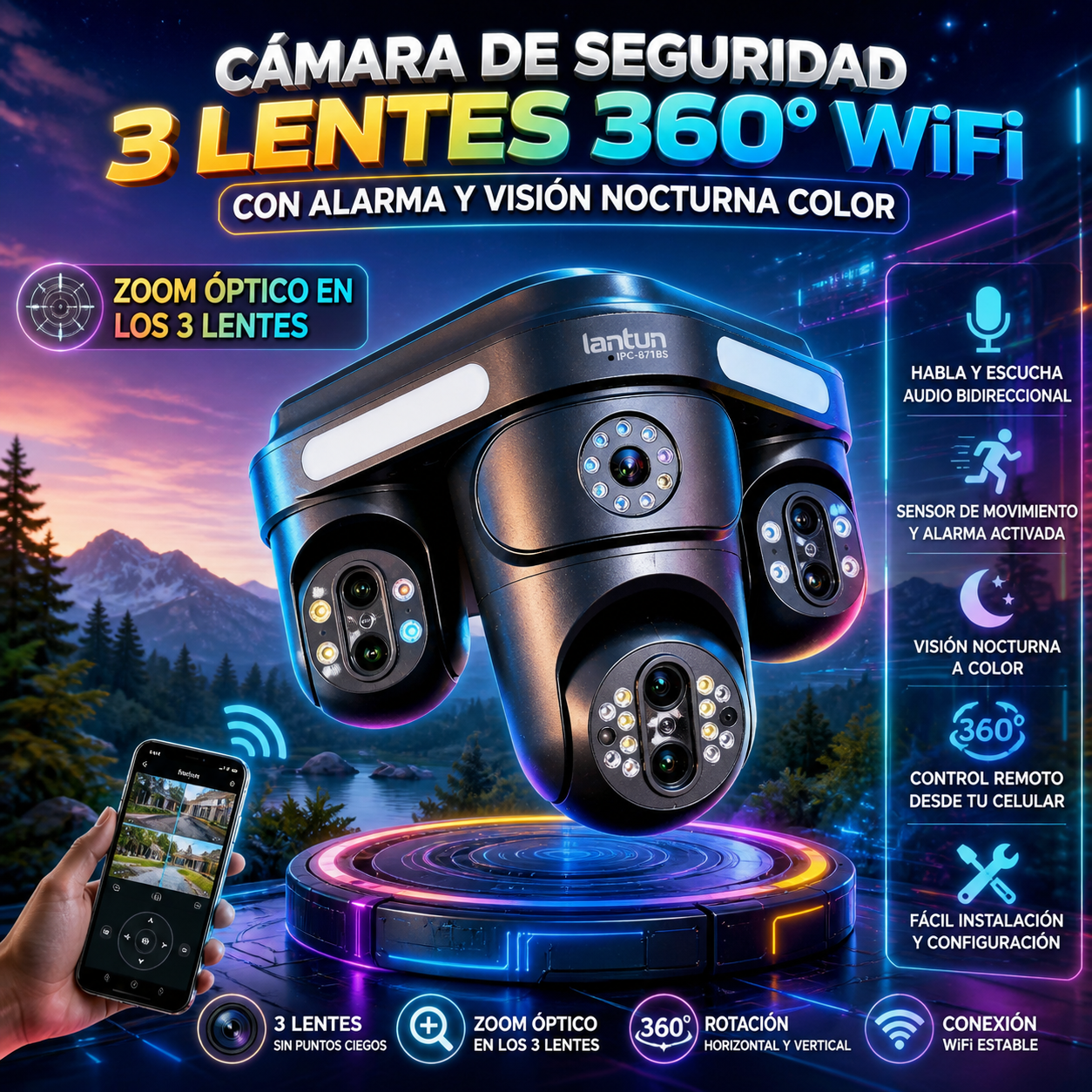 Cámara Seguridad 3 Lentes 360° WiFi con Zoom Óptico + Alarma 🚨