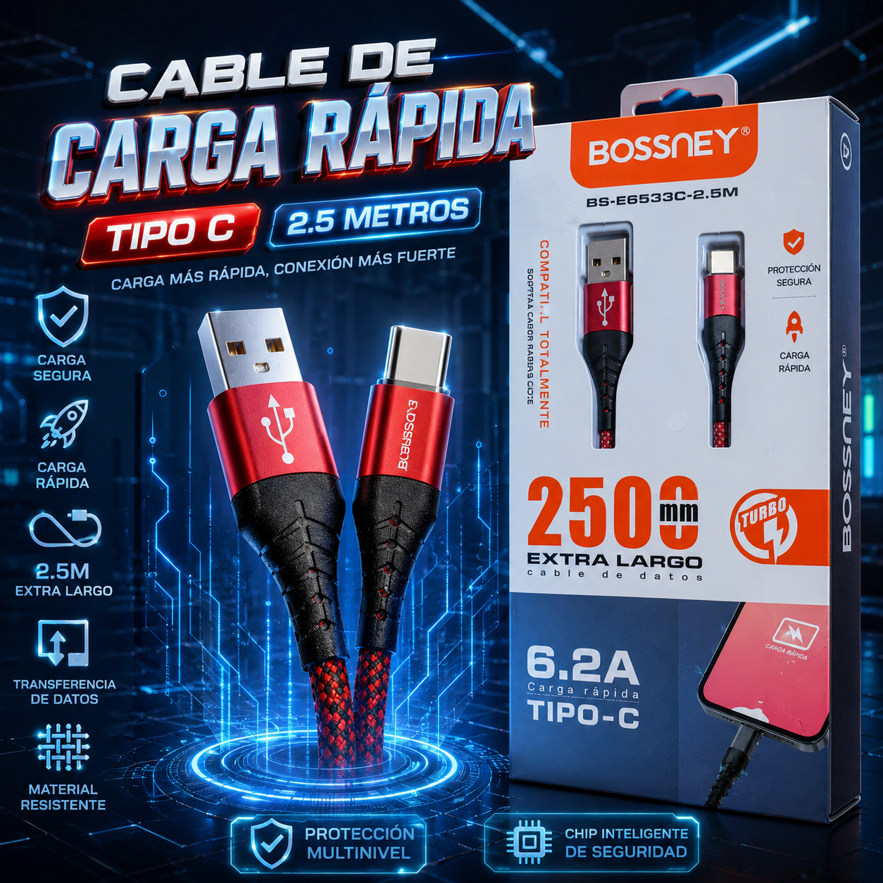 🔌 Cable de Carga Rápida Tipo C 2.5 Metros 6.2A Turbo 🔥