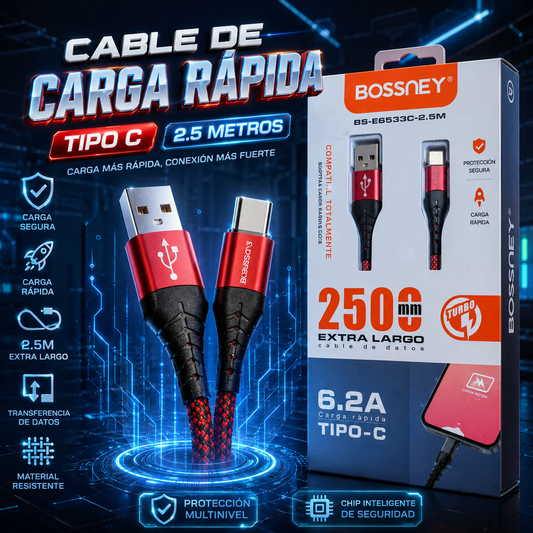 🔌 Cable de Carga Rápida Tipo C 2.5 Metros 6.2A Turbo 🔥