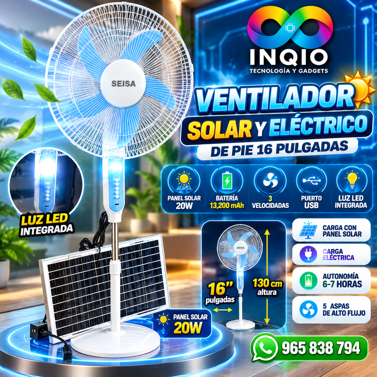 Ventilador Solar y Eléctrico 16 Pulgadas con Power Bank, Cargador USB para Celular y Luz LED