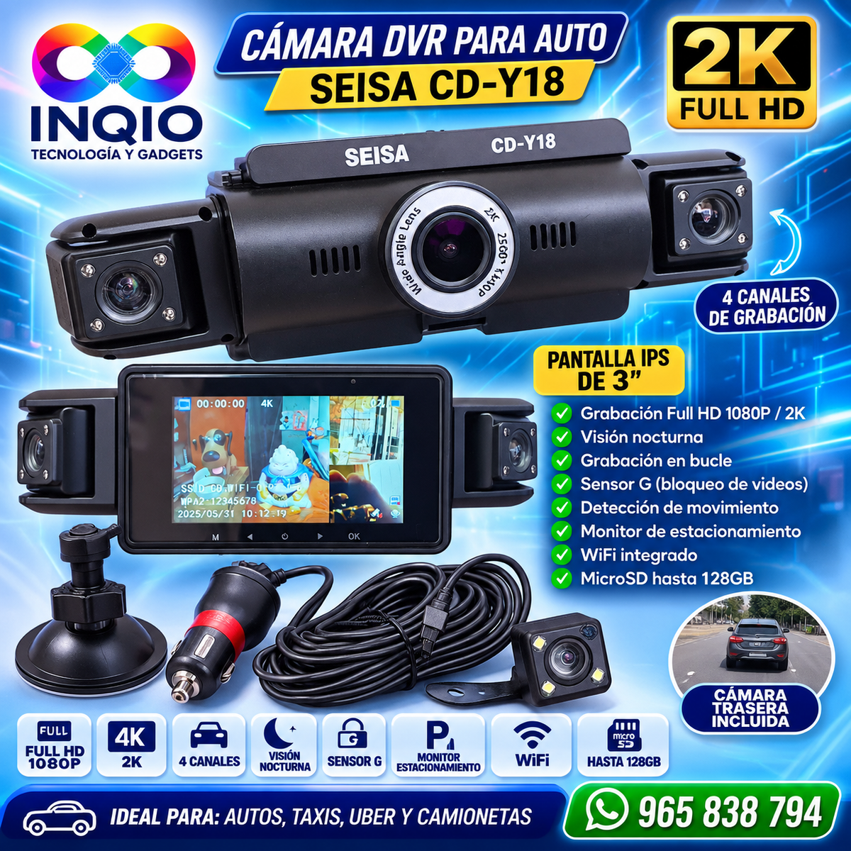 Cámara DVR para Auto SEISA CD-Y18 2K WiFi 4 Canales + Cámara Trasera