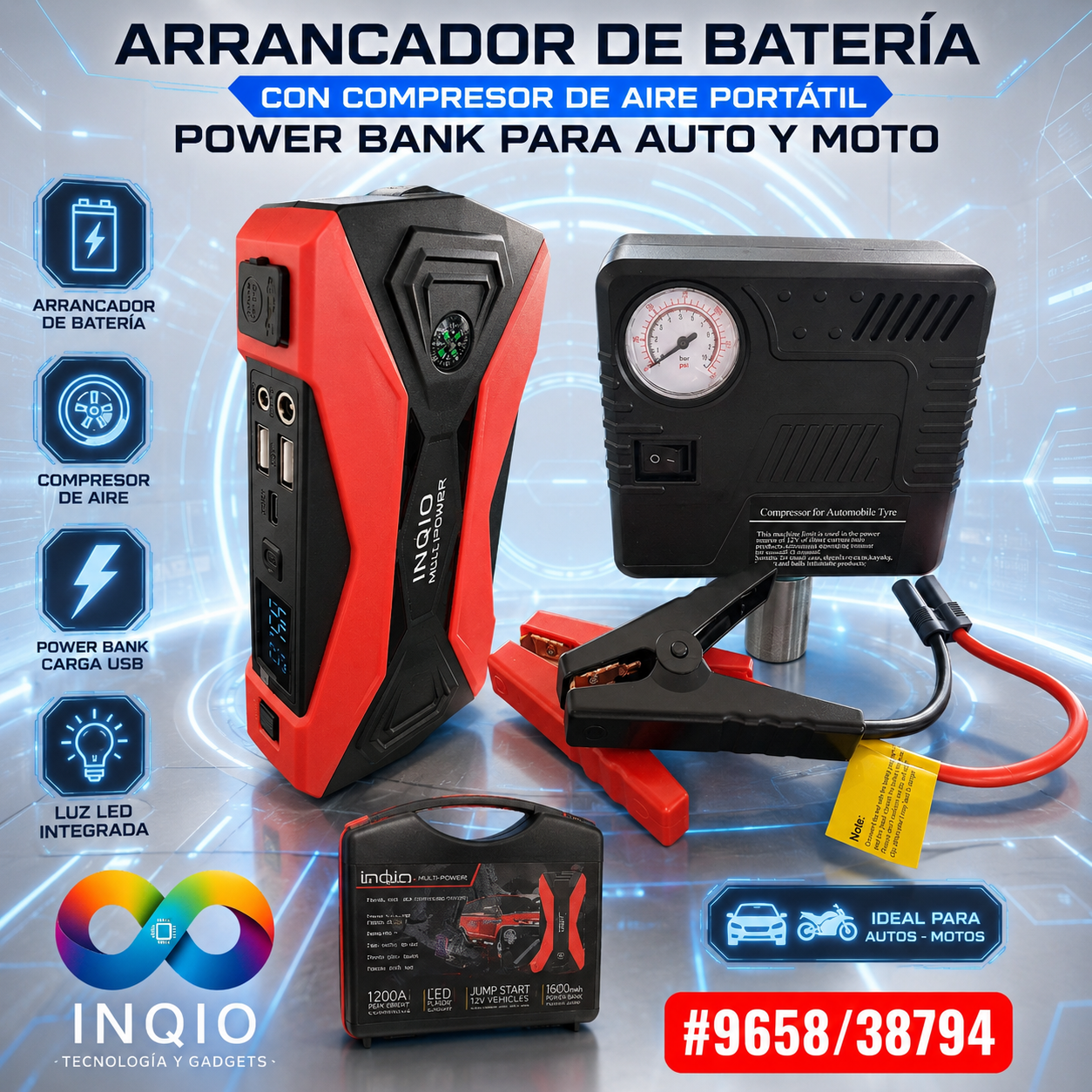 Arrancador de Batería con Compresor de Aire Portátil para Auto y Moto, con Power Bank