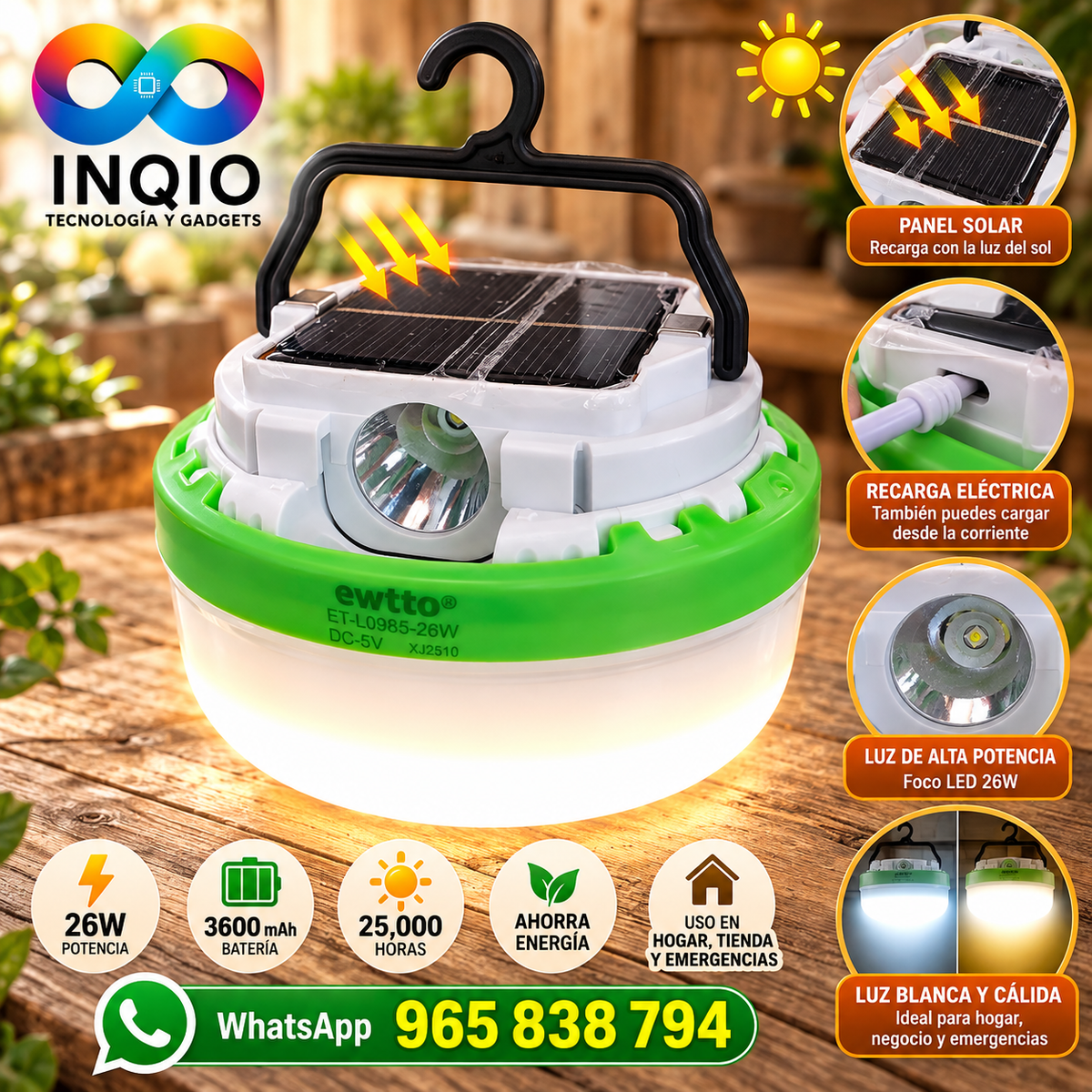 💡 Foco LED Recargable Solar y Eléctrico 26W Alto Brillo con Panel Solar