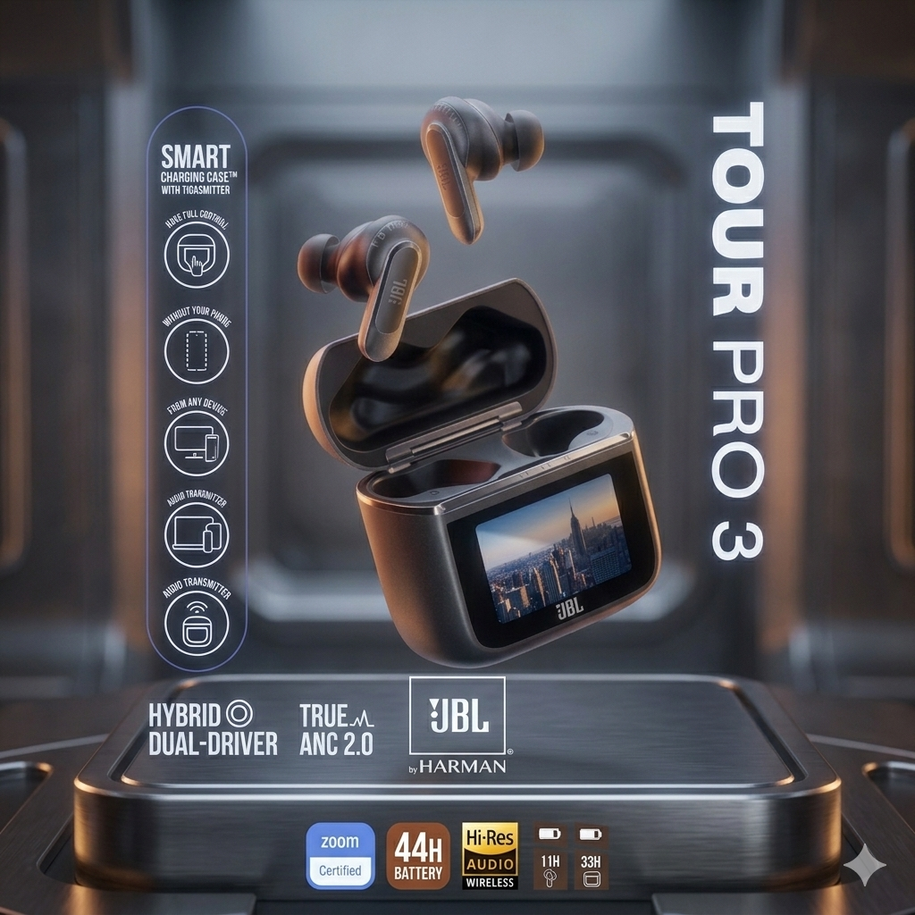 Audífonos Bluetooth JBL Tour Pro 3 con Pantalla Táctil | Cancelación de Ruido ANC 2.0 | 44H Batería | Audio Hi-Res Premium