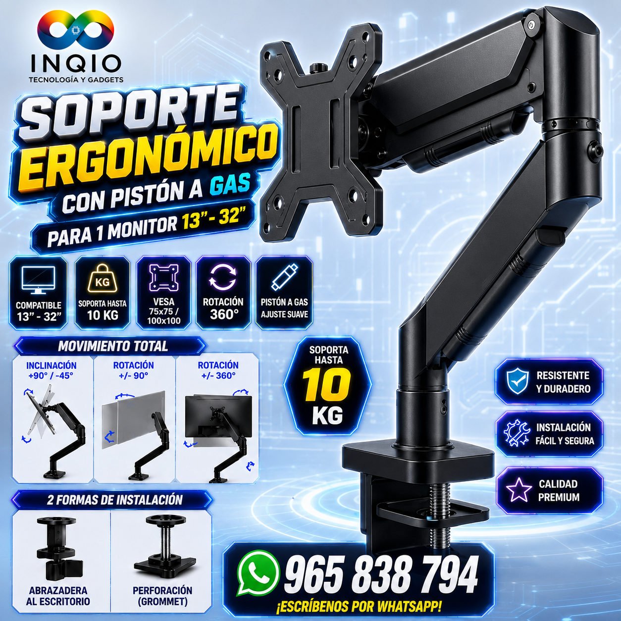 Soporte Ergonómico con Pistón a Gas para 1 Monitor 13"–32" | Brazo Ajustable