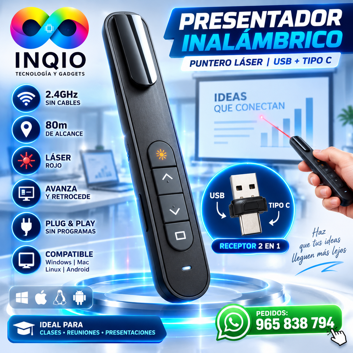 Puntero Láser para Diapositivas | Presentador Inalámbrico USB + Tipo C